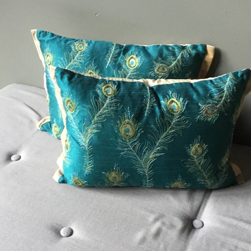 Pier 1 Turquoise and Gold Feather Accent Pillows